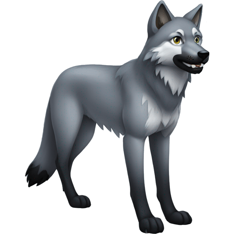 Full-body Grey wolf with black paws, black muzzle, black tail. with blue eyes. full body emoji