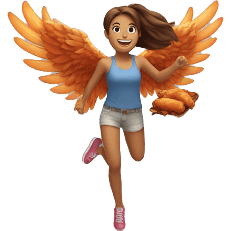 a girl flying with two delicious bbq chicken wings on her back emoji