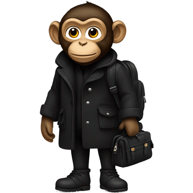 Monkey wearing black wool coat black ugg boots black backpack emoji