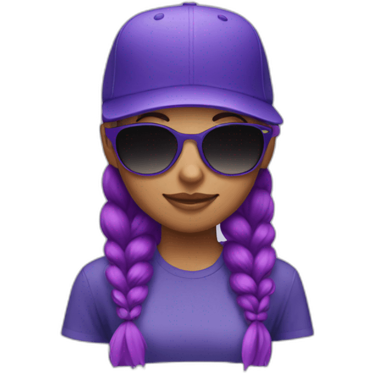 girl with purple ponytail, indigo baseball hat and sunglasses emoji