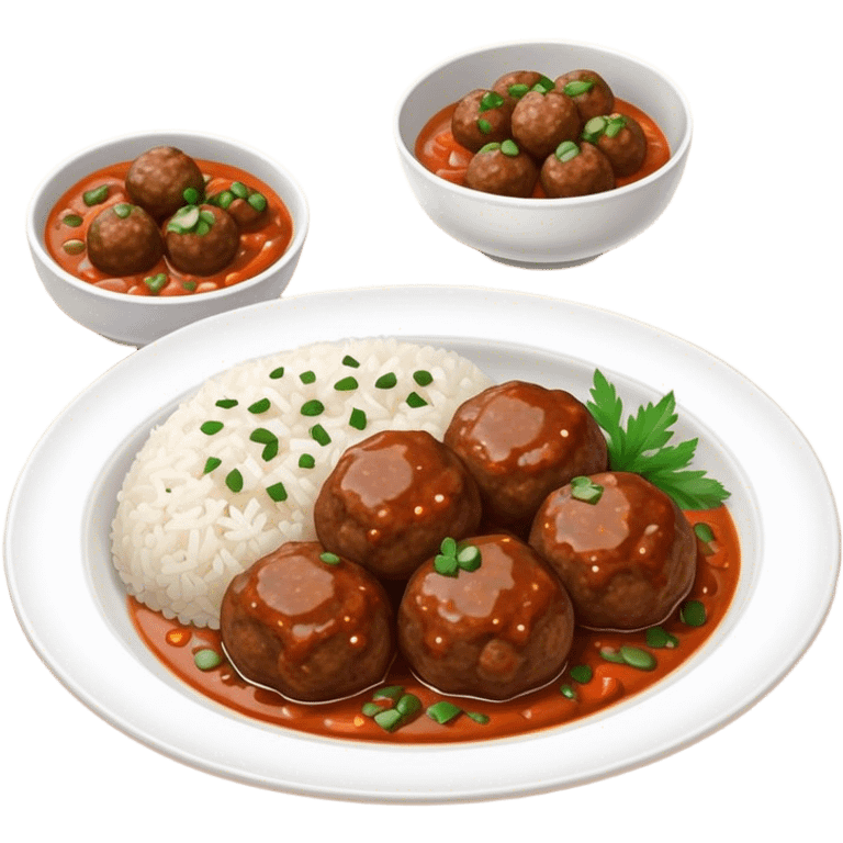 Kofte Cinematic Realistic Kofte Dish Emoji, depicted as spiced meatballs served alongside a portion of fragrant rice, rendered with rich textures and warm, appetizing lighting. emoji