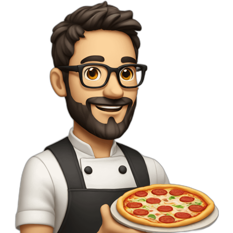 30 years old chef with beard and smooth short dark hair and big glasses proudly holding a pizza emoji