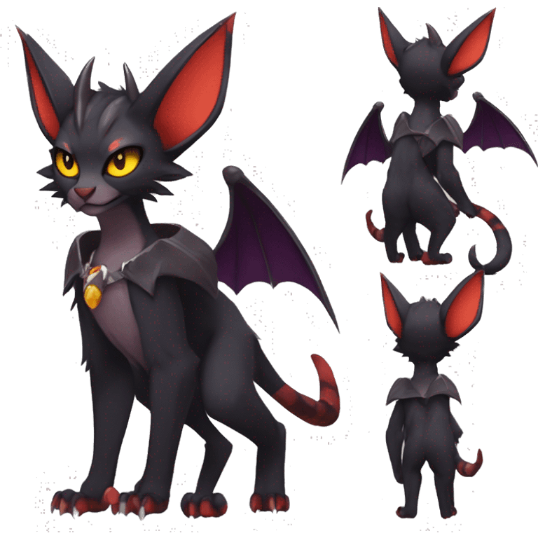 Black cool vampiric anime style Noivern-Litten-Lykoi-Caracal-Fakemon with big bat ears full-body emoji