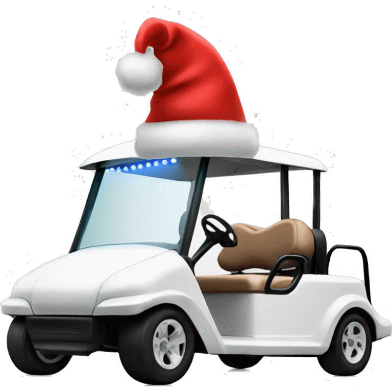 Golf cart white with string holiday lights and Santa hat on top emoji