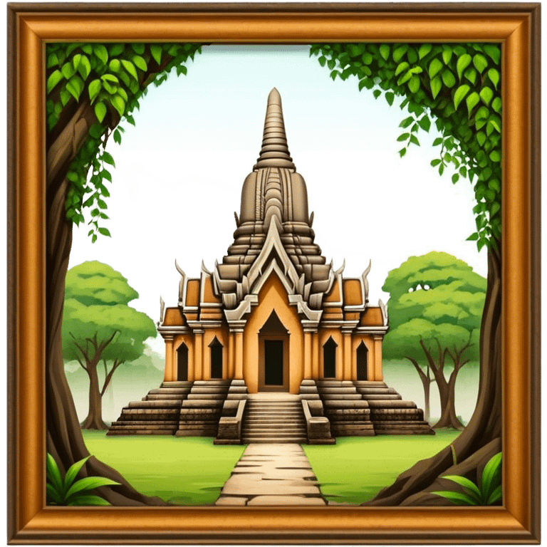 Cinematic Realistic Ayutthaya Ruins Landmark Emoji, depicted with ancient temple ruins amid lush greenery rendered with dramatic textures and nostalgic, warm lighting. emoji