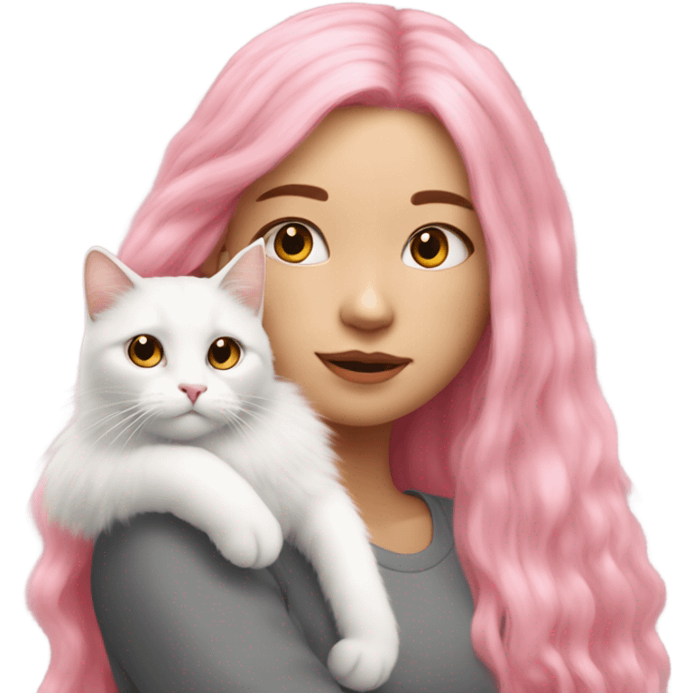 A girl with long pink hair and a white fluffy cat is lying on her left shoulder and neck emoji