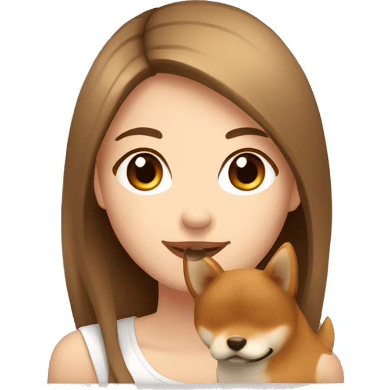 beautiful woman, straight long light brown hair, brown eyes smiling with dog Shiba Inu emoji