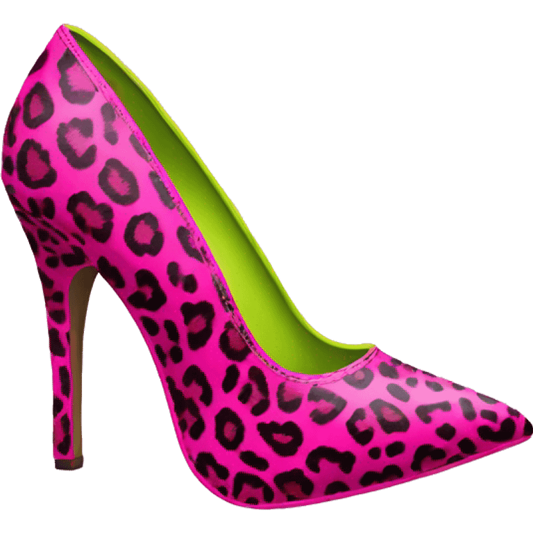 Realistic isolated top view of a pair of hot pink to lime green leopard print pointed toe high heel shoes. emoji