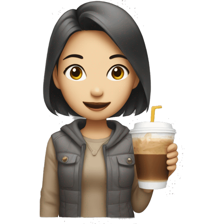 a asian girl drinking a cup of iced coffee emoji