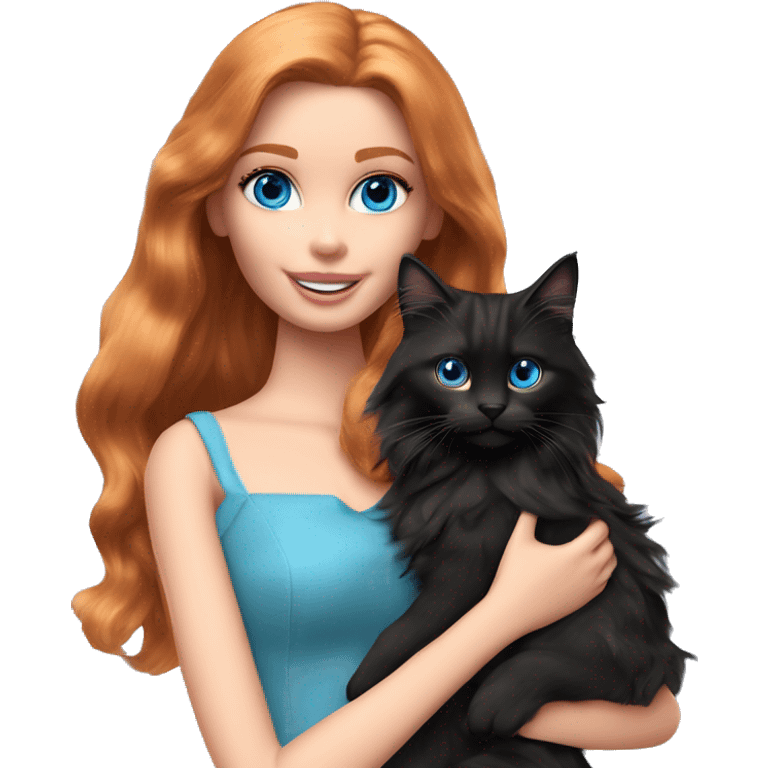 Barbie girl with long ginger hair and blue eyes Holds in her arms Black Maine coon emoji