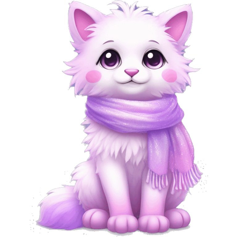 Edgy Kawaii cute gorgeous colorful sparkly bright light pastel lilac-pink-white-gradient fantasy ethereal fluffy fursona animal creature with a cute scarf full body emoji