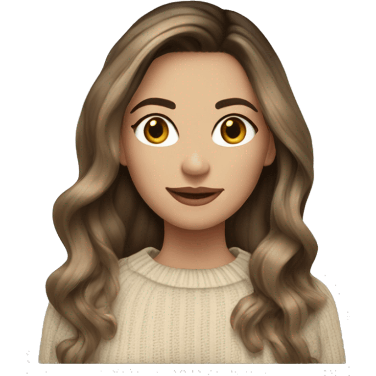 Brunette balayage long hair white women beige sweater emoji