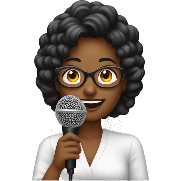 Una mujer negra crespa hablando con un microfono como si fuera un podcast emoji