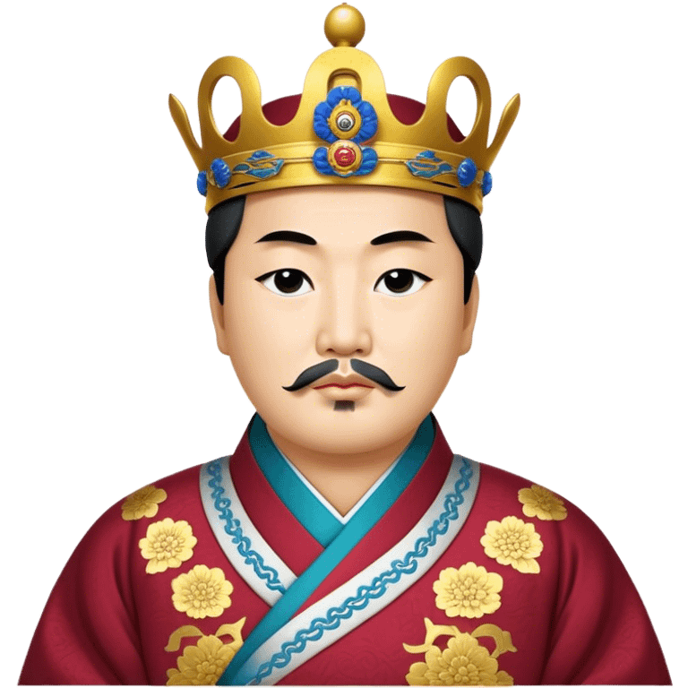 Cinematic Realistic King Sejong Portrait Emoji, depicted as a wise benevolent monarch in traditional Korean royal attire with a thoughtful gaze, rendered with intricate textures and regal soft lighting that captures his historical significance. emoji