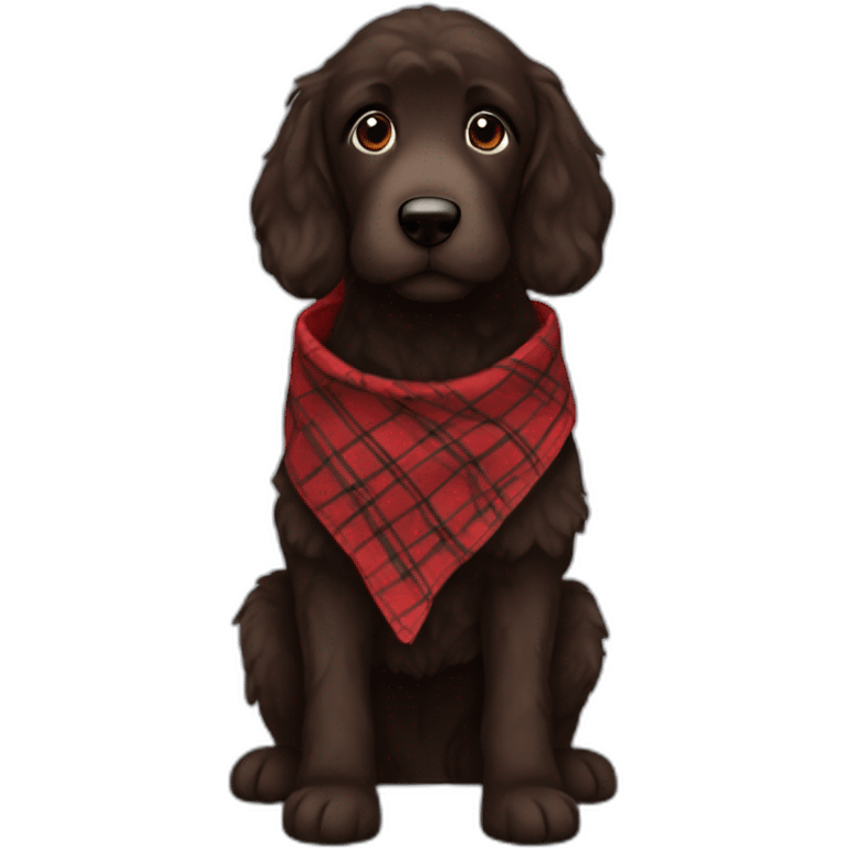 Dark chocolate colored doodle wearing a red and black flannel handkerchief emoji