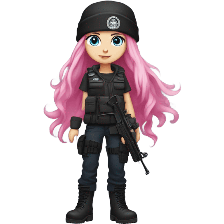 girl, white skin, tactical vest, dark pants, long pink hair, blue eyes, black beanie hat with crescent moon on front, black combat boots, gun emoji