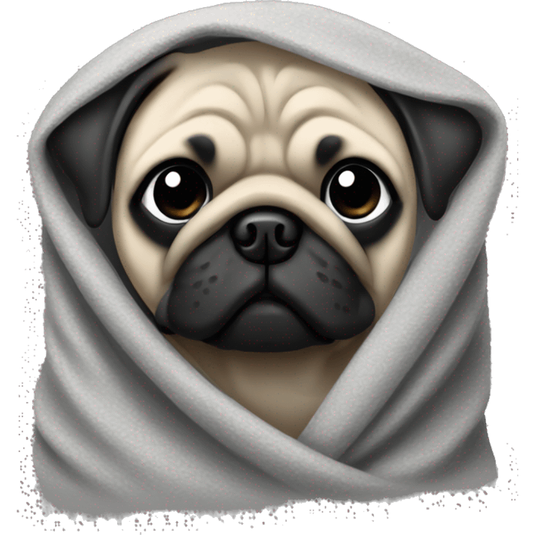 A beige pug with a black nose in a gray blanket. emoji