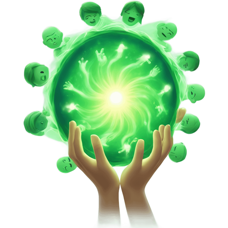 A soft, glowing wave of green energy emanating from the hands of a figure, flowing outward and gently lifting the spirits of surrounding characters with healing light. emoji