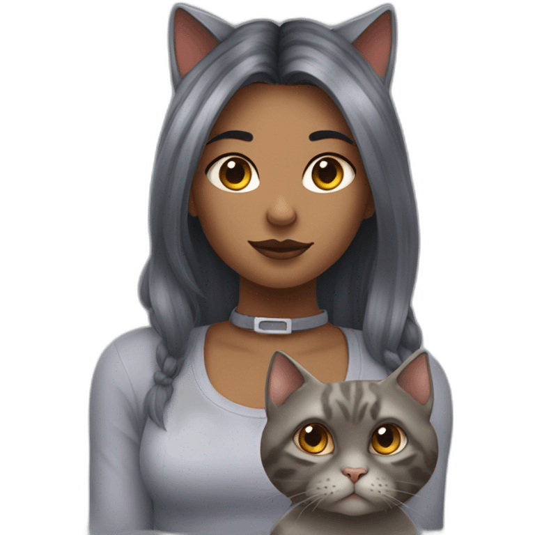 Girl with piercing with fat gray cat and mean tortie cat emoji