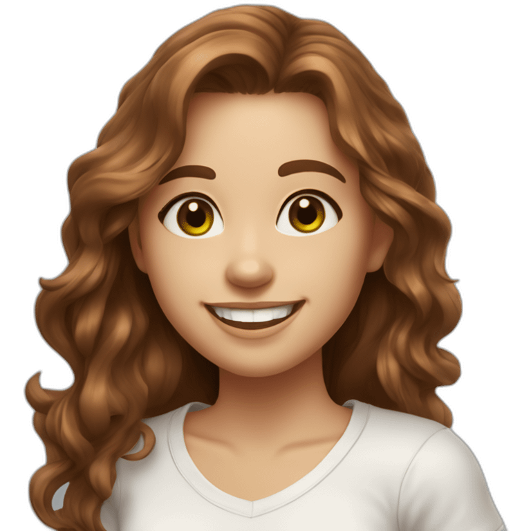 beautiful girl, white, with long wavy brown hair, brown green brown eyes, smiles at the camera and waves her hand, good teeth, white tshirt, blue jeans, sneakers, realistic drawing emoji