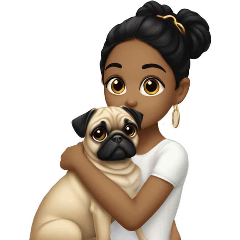 A young girl with long lashes  morena with black hair and small gold hoops  kissing her small pug  emoji