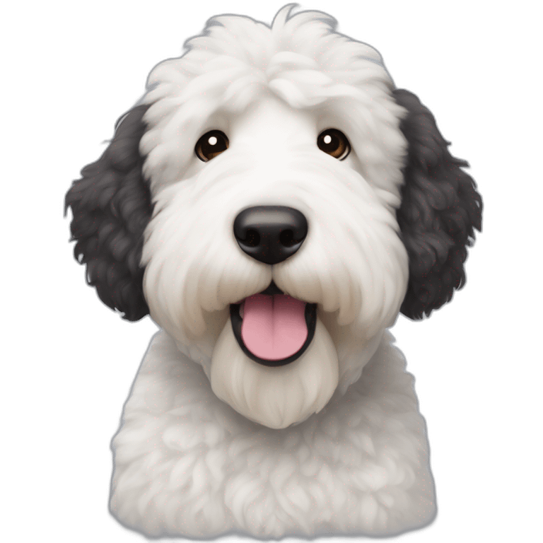 handsome sheepadoodle, white chest, white center of face, nice mustache, great posture emoji