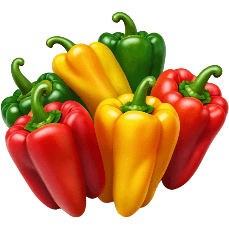 Cinematic bright colorful peppers, glossy and fresh, arranged in a vibrant mix of red, yellow, and green, warm glowing background, fresh and lively. emoji