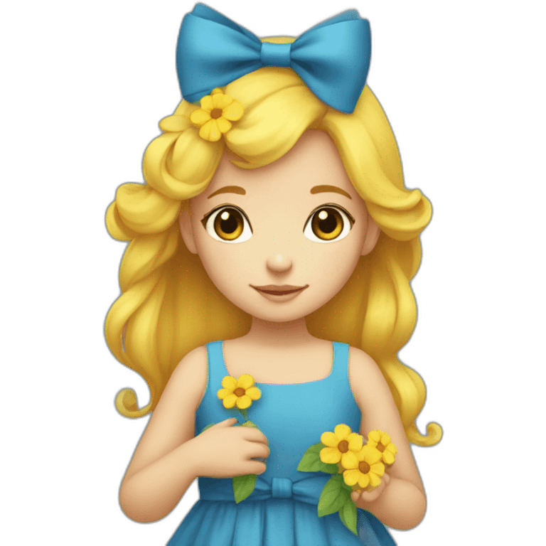 beautiful little girl with yellow hair and a blue bow on her head in a blue dress with yellow flowers in her hands emoji