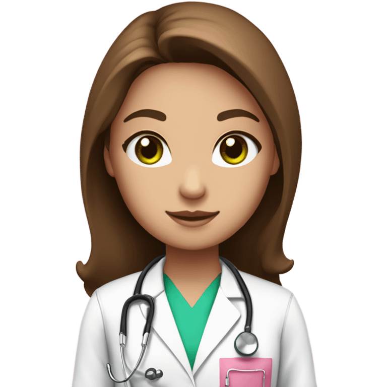 girl with long brown  hair green eyes in pink scrubs, white doctor coat, stethoscope  emoji