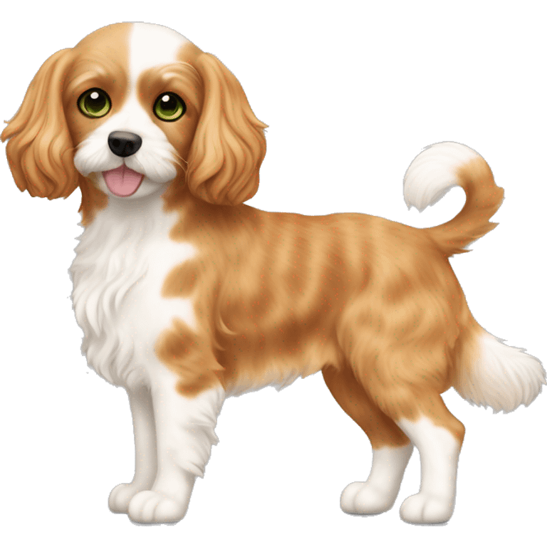 a blond apricot colored cavapoo dog standing next to a calico cat with a mix of black, orange, and white fur, green eyes emoji