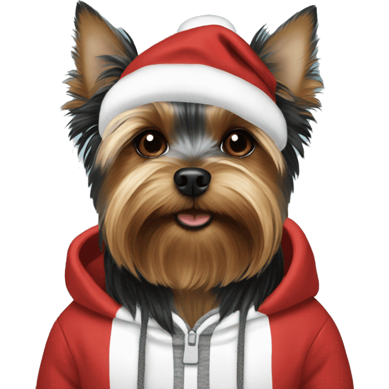 black brown white Yorkshire Terrier in christmas hoodie  emoji