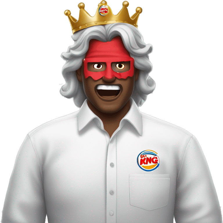 a man in a white button up shirt with a red face mask pulled down, long gray hair and a burger king crown angry emoji