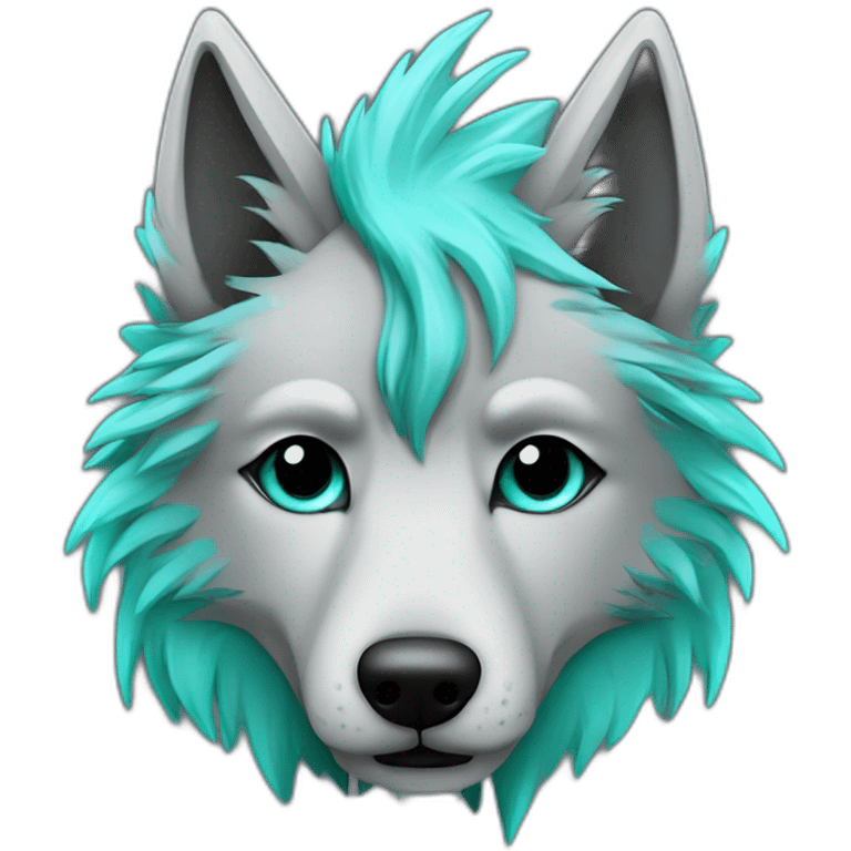 Grey wolf head with a star tatoo over his right eye, he have a turquoise glamrock mullet haircut emoji