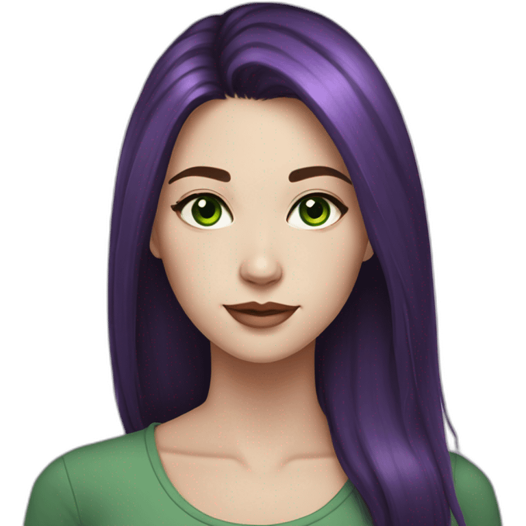 young adult woman with dark hair and purple highlights pale skin green eyes emoji