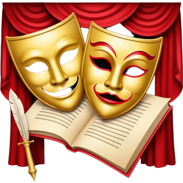 Create a bold and dramatic emoji representing the art of playwriting. The design should feature an open script or a theater playbook, with stylized text lines or dramatic dialogue inside. Include elements like a theatrical mask (comedy or tragedy), a stage spotlight, or a quill to symbolize creativity and performance. Use deep, contrasting colors like red, black, and gold to evoke the intensity and passion of drama. The overall design should feel dramatic, inspiring, and artistic. Make the background transparent. emoji