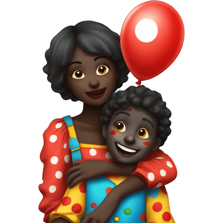 Dark skin girl hugging a clown, clown has on clown makeup, red nose,  emoji