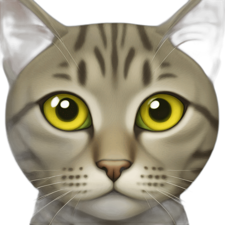 american short hair cat- tabby- a little bit fat- green yellow eyes- the distances between eyes is a little bit far emoji