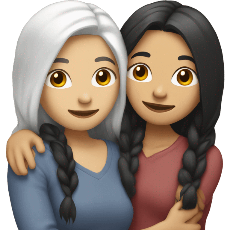 A lesbian couple who both have white skin and long black hair are hugging intimately. emoji