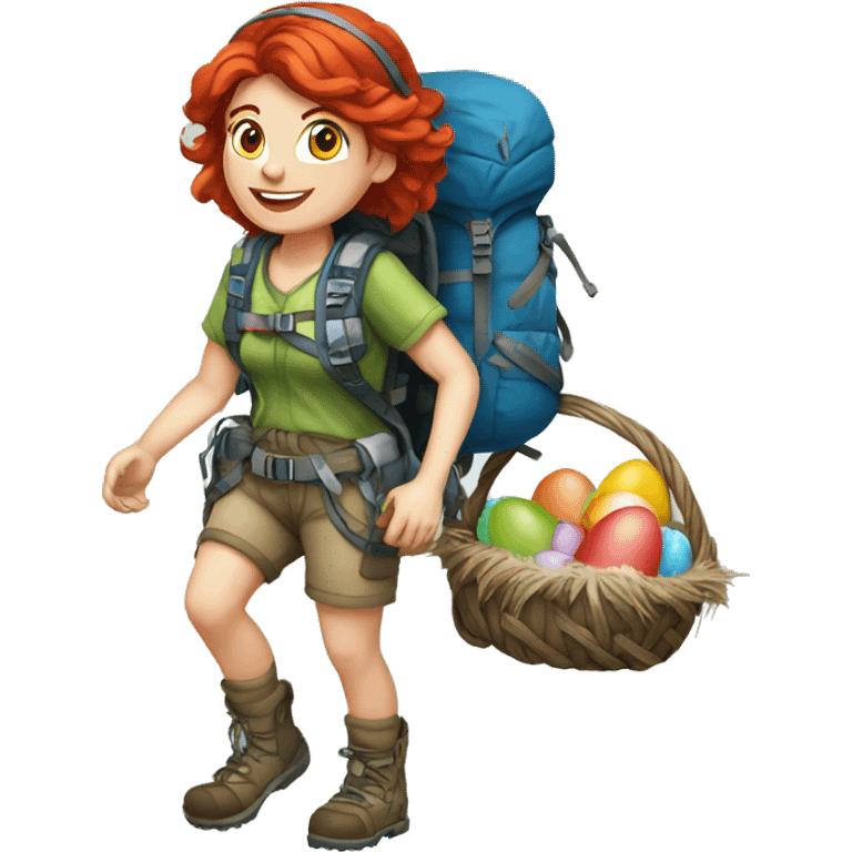 Female mountain climber red hair climbing, Greek flag on backpack and holding Easter eggs basket emoji