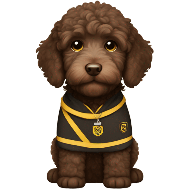 Chocolate brown labradoodle puppy.  Chubby.  white on his chest.  Brown eyes.  Wearing a hufflepuff gear   emoji