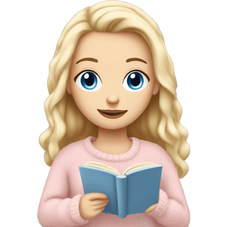 Pretty blue eyed white girl with light pink sweater reading cozy emoji