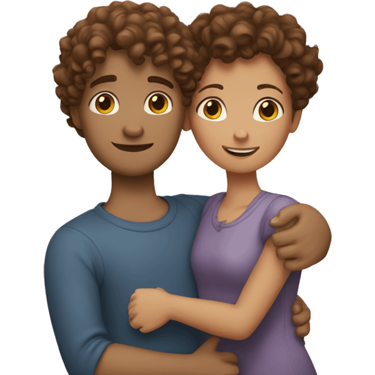 A couple the girl with curly brown hair and boy brown hair hugging emoji