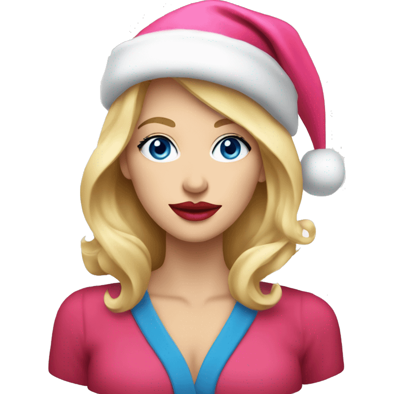 Beautiful blonde blue eyed woman, pink lips, wearing red santa hat emoji