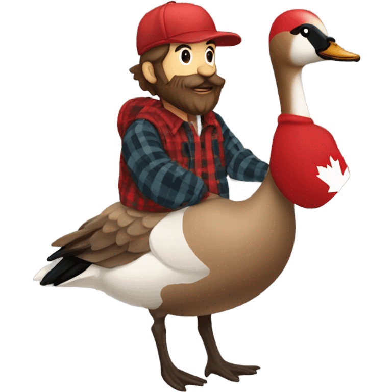 A man with a beard wearing a red flanel shirt with matching hat riding a canadian goose emoji