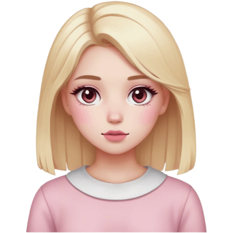 blonde girl with white skin and pink blush, brown eyes and aesthetic  emoji