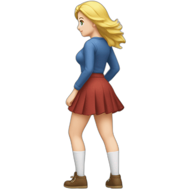 full body back view curvy caucasian beauty in small skirt lifted by strong wind butt white socks emoji