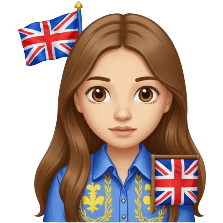 A Ukrainian girl in an embroidered shirt holds a British flag emoji