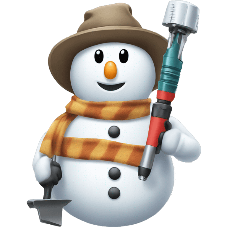 snowman with hat and scarf holding a drill emoji