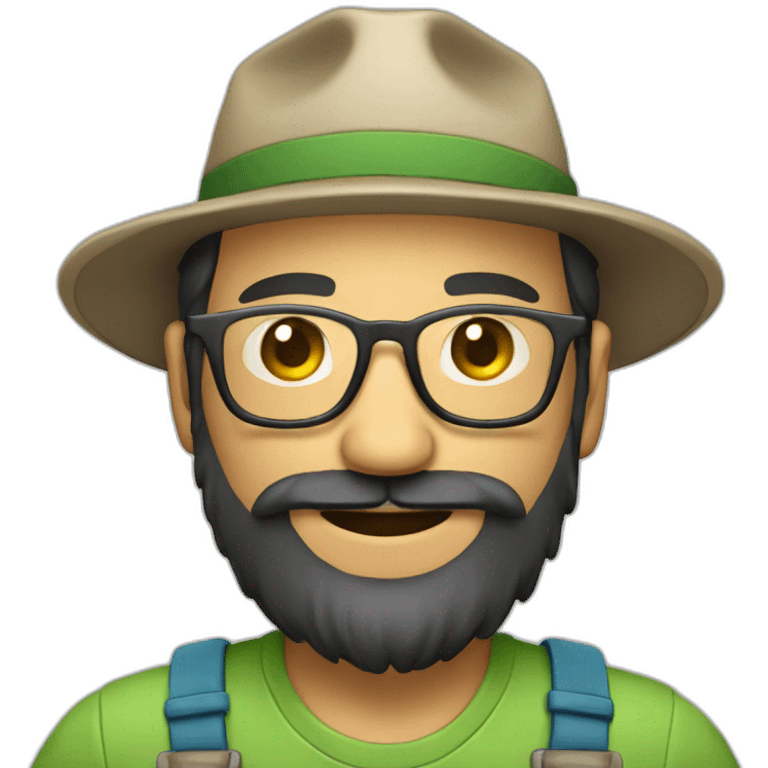 full body of an happy gardener face long dark beard and short dark hair with little transparent glasses and a hat emoji