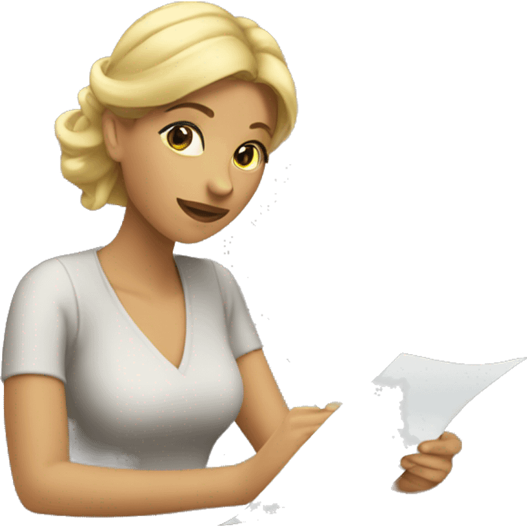 a blonde woman writing a note on her office
 emoji